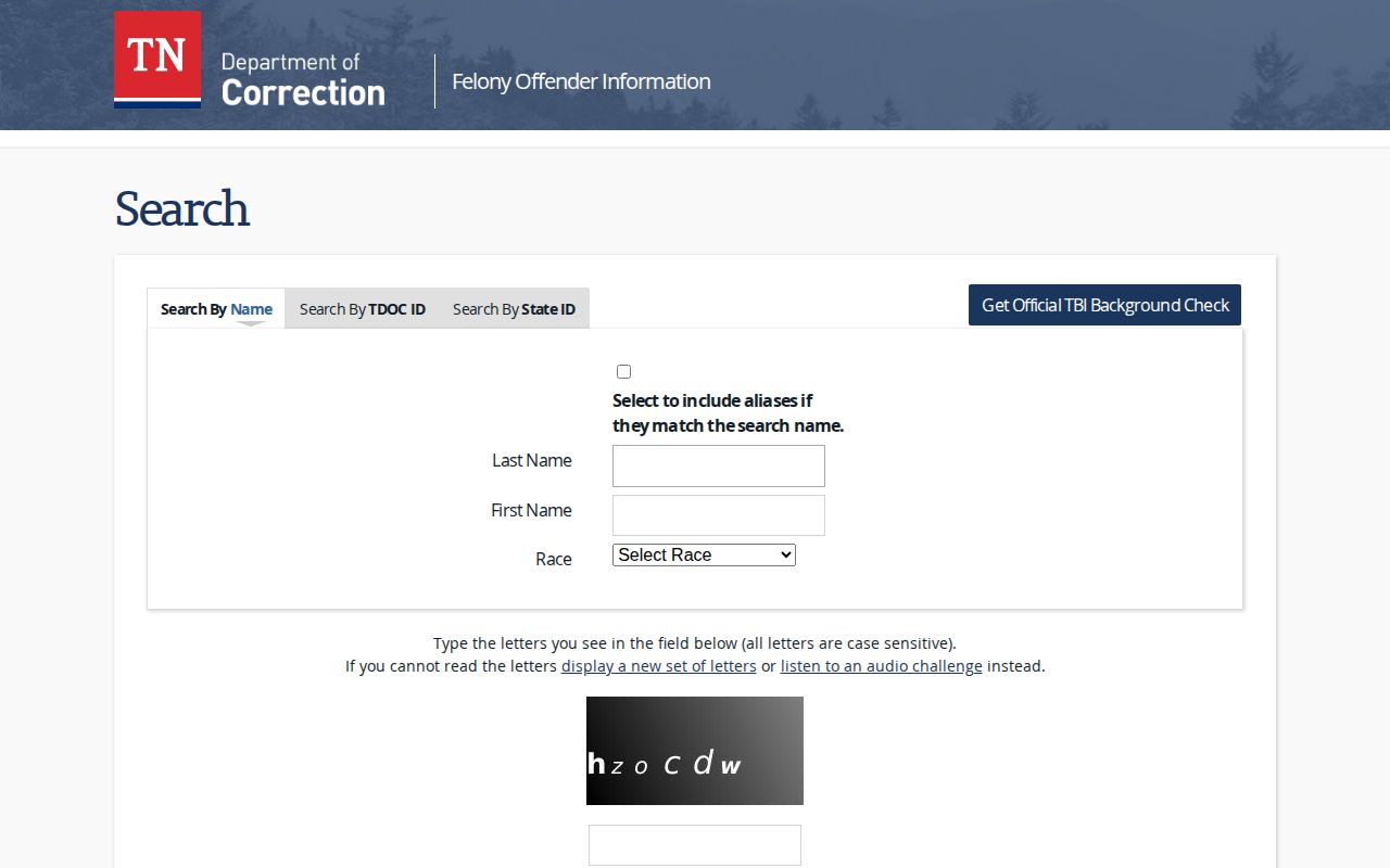 Tennessee Department of Correction FOIL search for Sevier County state-custody records