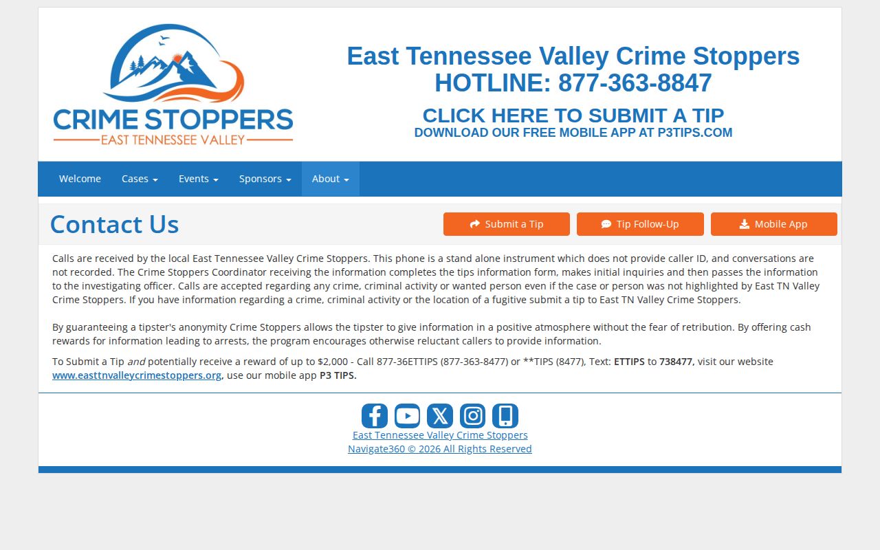 East Tennessee Valley Crime Stoppers anonymous tip contact for Sevier County wanted notices