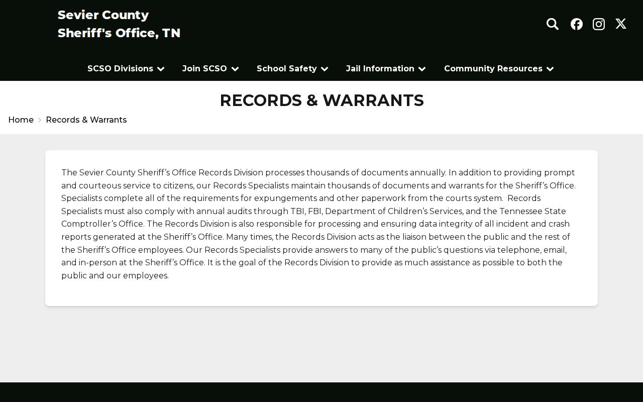 Sevier County Sheriff Records and Warrants official warrant information